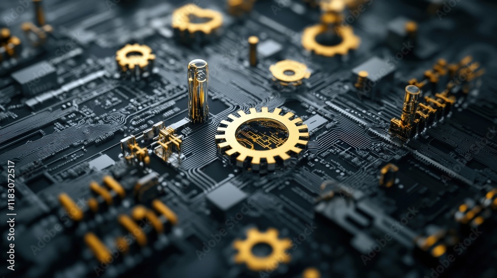 Poster Intricate Close-Up of a Black Circuit Board Adorned with Golden Gears and Metallic Components, Perfect for Representing Technology and Innovation in Digital Designs