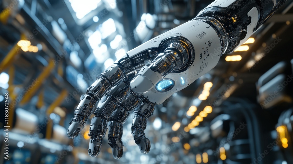Poster High-Tech Robotic Hand Reaching Out in a Modern Industrial Environment with Futuristic Design Elements and Intricate Mechanical Details