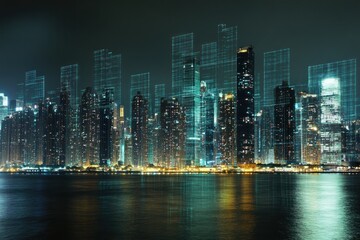 Naklejka premium Futuristic city skyline at night with digital overlay.