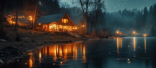 Cozy lakefront cabin nestled in a serene winter landscape with its warm interior lights reflecting on the still snow covered lake