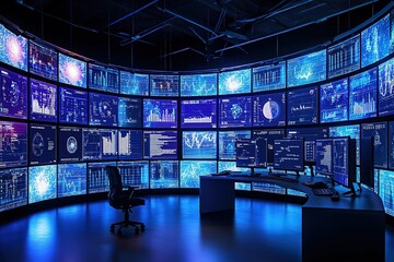 Curved wall of monitors displaying data and graphs in a modern control room.