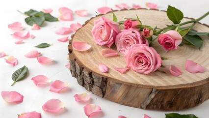 Naklejka premium Rustic wood slice mockup surface with pink roses, rose petals, and simple background 