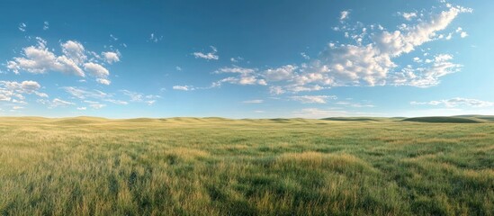Fototapeta premium Panoramic view of a vast, grassy field under a bright blue sky with fluffy clouds.