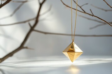 Fototapeta premium Geometric gold pendant necklace hanging against a minimalist background of branches.