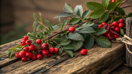 Rustic arrangement of vibrant red berries and lush green foliage on weathered wood
