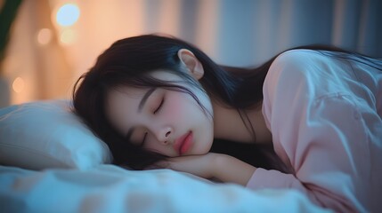 Serene Asian Woman Sleeping Peacefully in Minimalist Bedroom at Night
