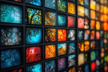 Wall of vibrant images, showcasing nature and abstract art. A diverse collection of colorful photos in a grid.