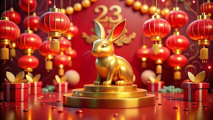 Lunar New Year 2023: Golden Rabbit Statue on Red Podium with Lanterns - Premium Product Display - Tilt-Shift Photography