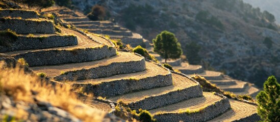 Obraz premium Sunlit stone terraced fields on a hillside.