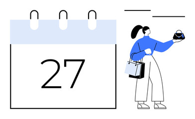 Woman with shopping bags examining item beside large calendar with date 27. Ideal for online shopping, sale events, retail marketing, time management, consumer habits, special occasions, promotional