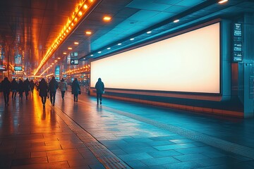 Blank billboard in modern city underpass. People walking past a large, empty advertisement space.