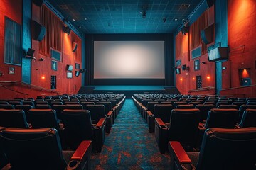 Naklejka premium Empty movie theater seats facing a large screen. Ready for the next show!
