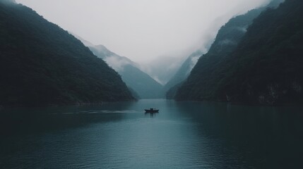 Solitary Boat on Misty Mountain Lake in China