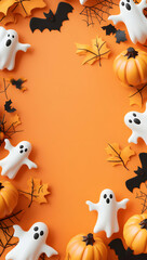 Fototapeta premium Spooky Halloween Autumnal Orange Background with Ghosts, Pumpkins, Bats and Leaves