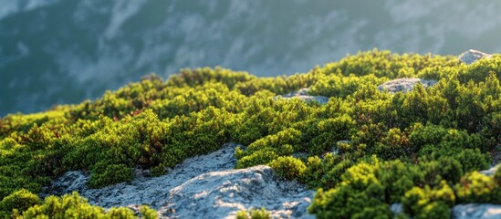 Lush green moss covering rocky mountain terrain.