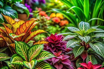 Obraz premium Lush Botanic Garden Plants, Vibrant Flowers, Green Leaves, Nature Photography