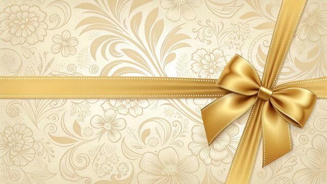 "Elegant vintage-style background in soft golden tones with an embossed floral pattern. A shiny golden satin ribbon runs horizontally, tied into a large bow on the right side. The design is warm and l