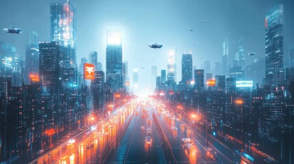Fototapeta premium Futuristic city highway with flying vehicles at night.