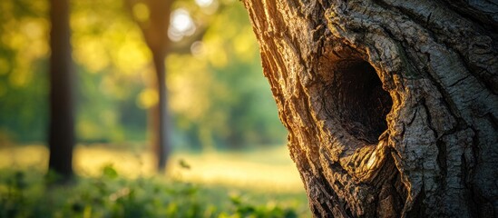 Obraz premium Sunlit tree trunk detail with a hollow, blurred park background.