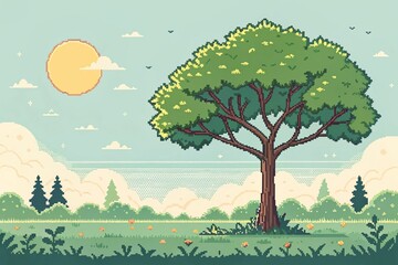 tree and sunny sky cute pixel art illustration background