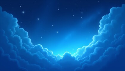 Dreamy blue sky with fluffy clouds and twinkling stars at twilight.