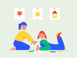 Girl is learning to draw. Homeschooling illustrations. Flat vector illustrations