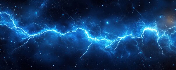 Abstract cosmic energy, blue lightning bolts across dark space background.
