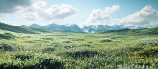 Obraz premium Serene grassy field with mountain backdrop under a partly cloudy sky.