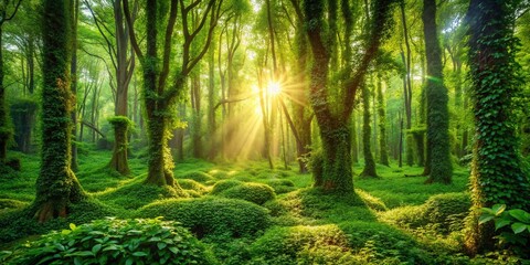 Obraz premium Lush Green Boxwood Grove Forest: Sunlight Dappled Leaves, Vines & Moss