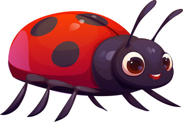 Cartoon funny ladybug insect character. Isolated vector funny ladybird pest with a vivid red shell, black spots, antennas, large friendly eyes and an expressive smile. Cute lady beetle or lady cow bug