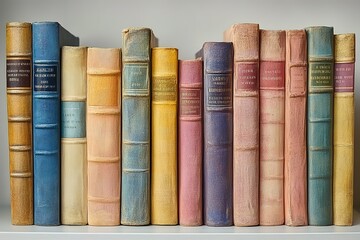 Collection of antique books, various colors and sizes, lined up on a shelf.  A vintage, literary scene.