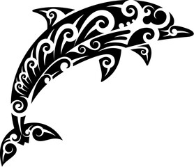 Maori tribal dolphin animal tattoo with swirling patterns, symbolizing grace and connection to the sea. Isolated vector black ink dolphin tattoo, evoking traditional and spiritual connection to ocean