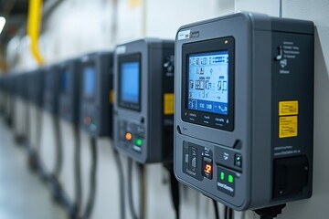 Row of industrial control panels with digital displays showing data and status indicators.