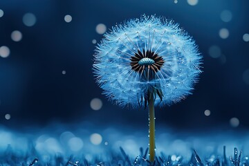 Dew-kissed dandelion seed head at night.  A serene, blue-toned close-up.