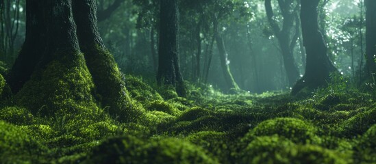 Fototapeta premium Lush green moss covers the forest floor, with tall trees in the background, creating a mystical atmosphere.