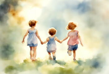 Fototapeta premium card children playing day greeting watercolor painting illustration three silhouette woman dance party people dancing art music paint design disco beauty fashion colourful sport jump