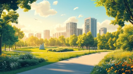 Fototapeta premium Sunny city park with walking path, green trees, and modern buildings in background.