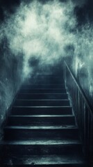 Dark staircase with mist and shadows, a spooky mysterious scene