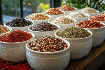 Assortment of spices in bowls, a colorful and aromatic collection.
