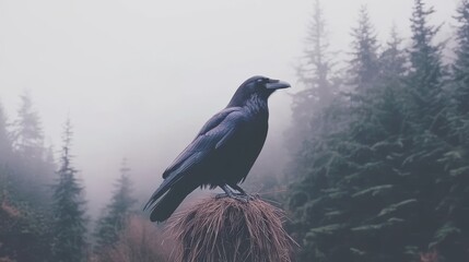 Fototapeta premium Solitary Raven in Misty Mountain Forest