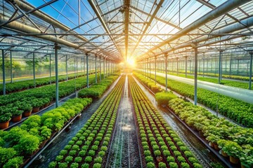Naklejka premium Lush Greenhouse Plants Being Watered - Aerial Drone View
