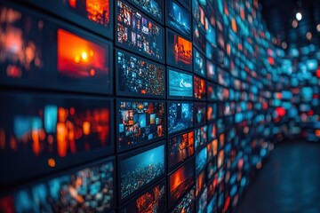 Wall of screens displaying diverse media content.  A vibrant display of images and videos.