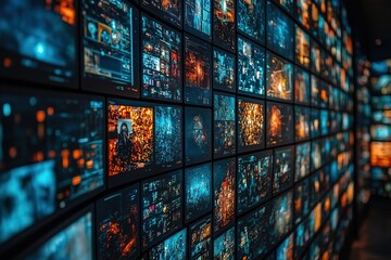 Wall of screens displaying data streams and visualizations.  A futuristic technology concept.