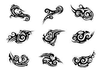 Maori warrior tribal tattoo patterns set. Polynesian tribe abstract ink symbols collection, Samoan ethnic decoration or vector pattern. Maori tribal warrior shoulder tattoos, New Zealand ornaments