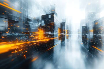 Abstract digital city landscape with glowing data streams.