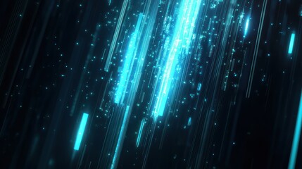 Abstract blue digital streaks and particles falling on black background.