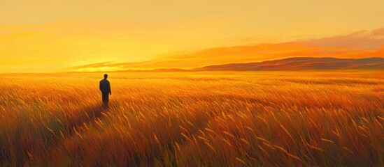 Fototapeta premium Solitary figure in golden field at sunset.