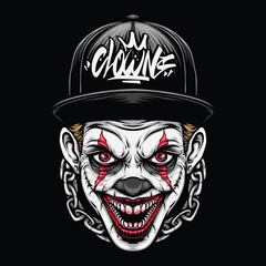 scary clown wearing baseball hat vector