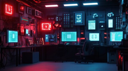 Futuristic hacker's den with multiple screens, neon lights, and advanced technology.