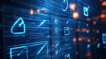Digital dashboard displays data analytics, process automation, and project management icons.